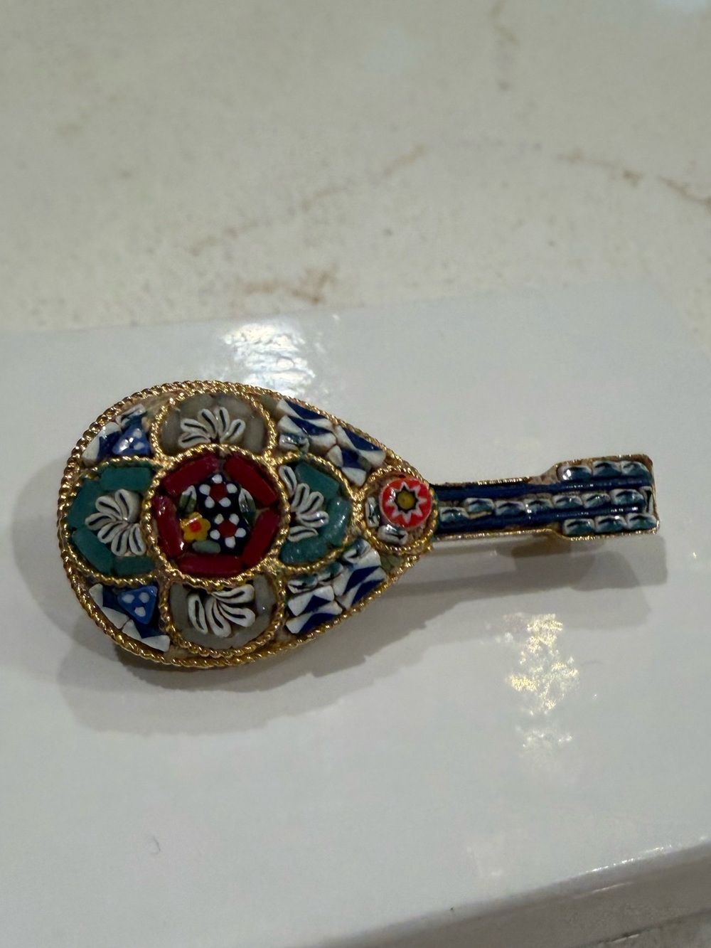 Vintage Micro Mosaic Mandolin Brooch Pin Floral Design Gold Tone Trim